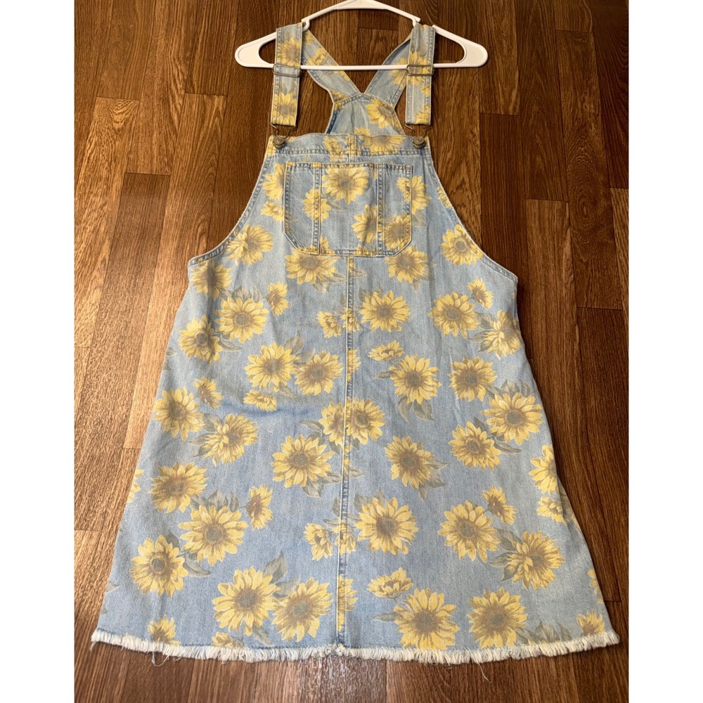 American Eagle Sunflower Denim Overall Dress Light Wash Blue Floral Mini Large